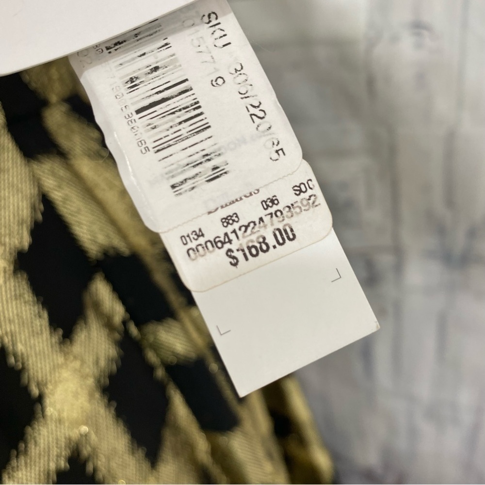 Maggy London Size 4 Metallic Gold Black Plaid Cross Over Halter Dress Fit Flare - Picture 7 of 13